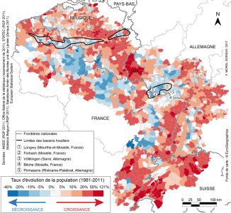 Évolution de la population des espaces transfrontaliers du nord-est de la France entre 1981 et 2011. Figure Frédérique Morel-Doridat, 2011.