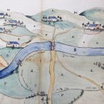 Représentation des Vosges en montagne bleue (1769). En fait, plan autorisant la création de nouvelles prairies irriguées sur le ban de Longchamp (ADV 26 I 4/1)