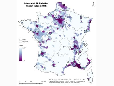 Indice Intégré d'Impact de la Pollution Atmosphérique (IAPII) en France métropolitaine. Données : IESI/IMDI/GTFI/UHII, calculés par l'auteur à partir de MERRA-2, EMEP, OMI, IASI METOP, IGN, NASA Earthdata, OpenSky et Landsat 8. Carte : KOVÁCS, K. Dániel.