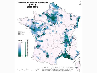 Indice Composite de Tendance de la Pollution Atmosphérique (CAPTI) en France métropolitaine, 1980–2024. Données : agrégation des dix APTI, calculée par l'auteur à partir de MERRA-2, EMEP, OMI, IASI METOP. Carte : KOVÁCS, K. Dániel.