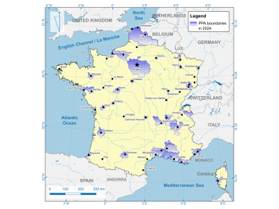 France métropolitaine et limites des Plans de Protection de l'Atmosphère (PPA) en 2024. Carte : KOVÁCS, K. Dániel.